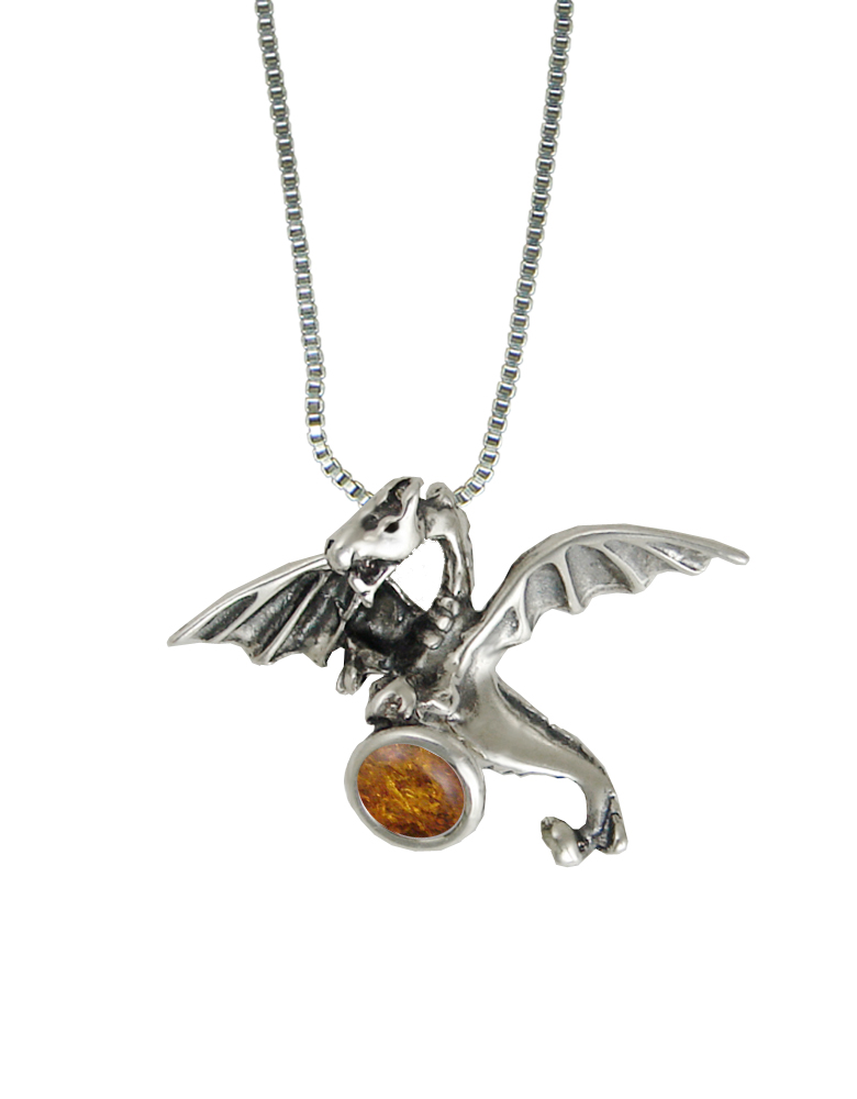 Sterling Silver Flying Dragon Pendant With Amber